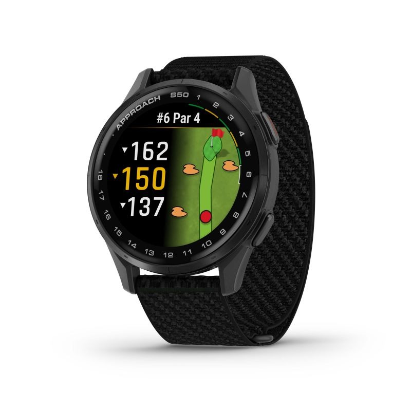 Garmin Approach S50 - Aluminiuminfattning i skiffergrått med svart ComfortFit-nylonarmband